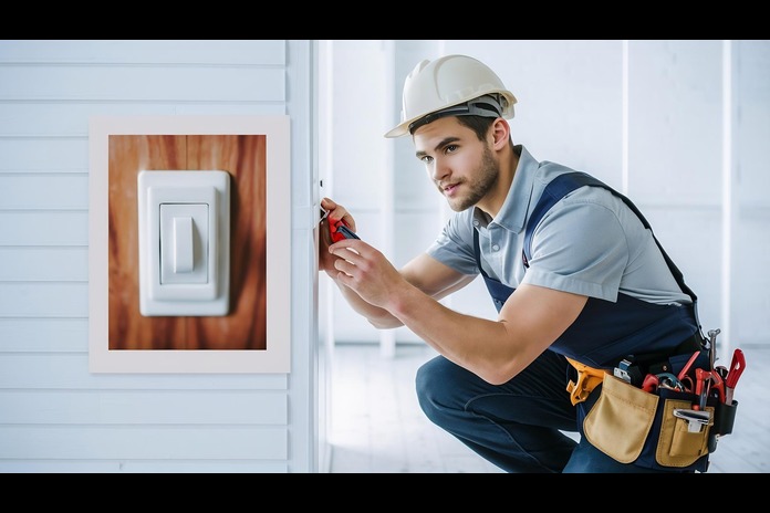 Certified residential electrician preparing wires for outlet installation